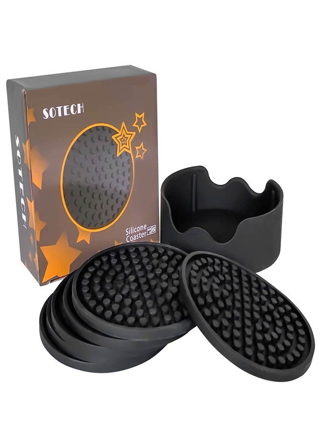 SOTECH Silicone Coasters Set of 6 Thickened Drink Coasters with Holder - Cup Mat - Non-Slip, Non-Stick, Stay Put, Deep Tray - Prevents Furniture and Tabletop Damages Black (Sharp cornor) - Image 1